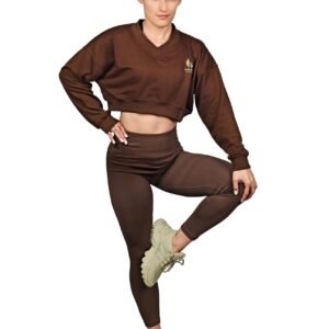 Krótka bluza treningowa Brown z kołnierzem w serek